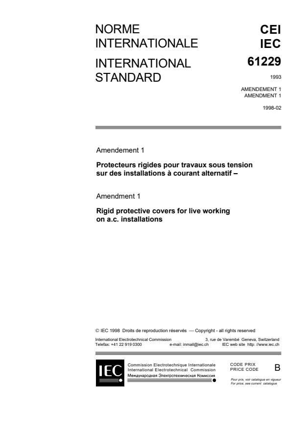 IEC 61229:1993/AMD1:1998 - Amendment 1 - Rigid protective covers for live working on a.c. installations