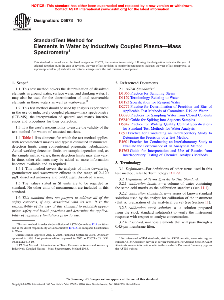 ASTM D5673-10 - Standard Test Method for Elements in Water by Inductively Coupled Plasma-Mass Spectrometry