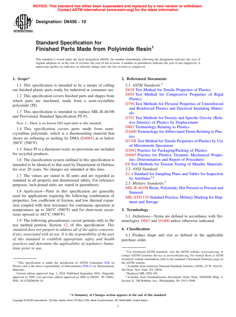 ASTM D6456-10 - Standard Specification for Finished Parts Made from Polyimide Resin