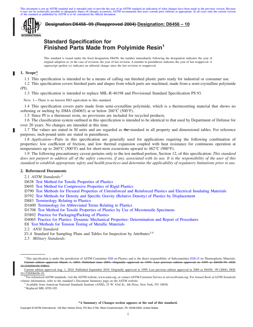 REDLINE ASTM D6456-10 - Standard Specification for Finished Parts Made from Polyimide Resin