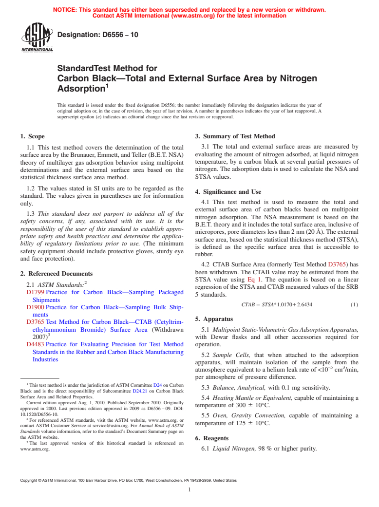 ASTM D6556-10 - Standard Test Method for Carbon Black-Total and External Surface Area by Nitrogen Adsorption