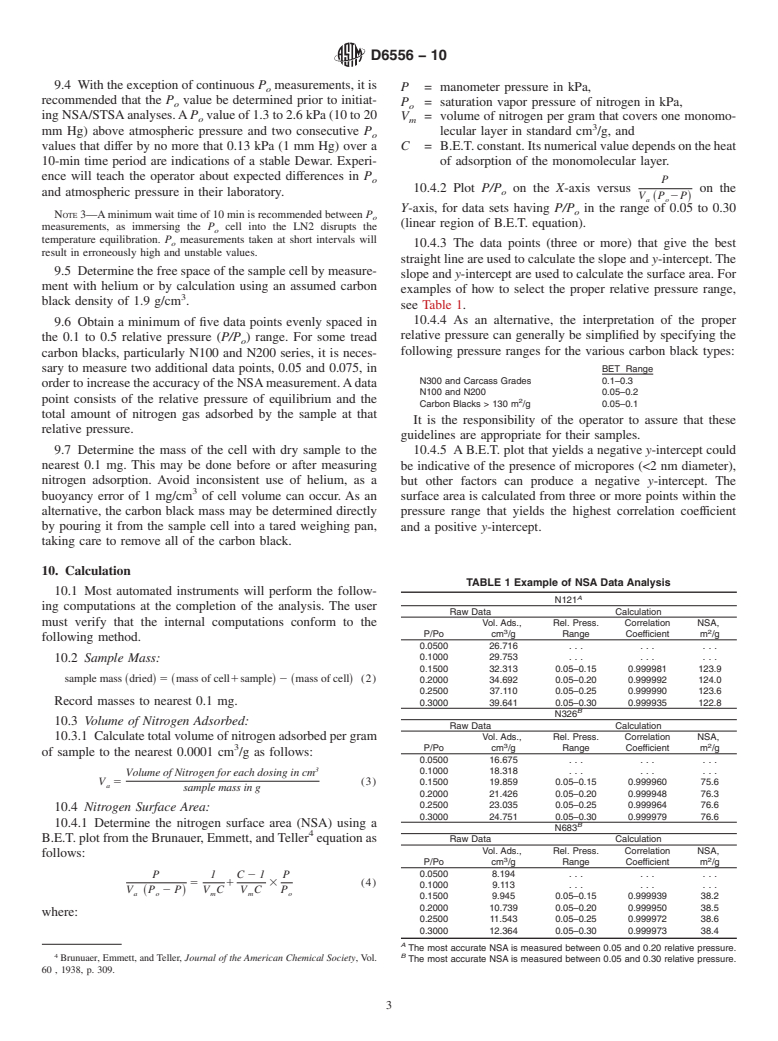 ASTM D6556-10 - Standard Test Method for Carbon Black-Total and External Surface Area by Nitrogen Adsorption