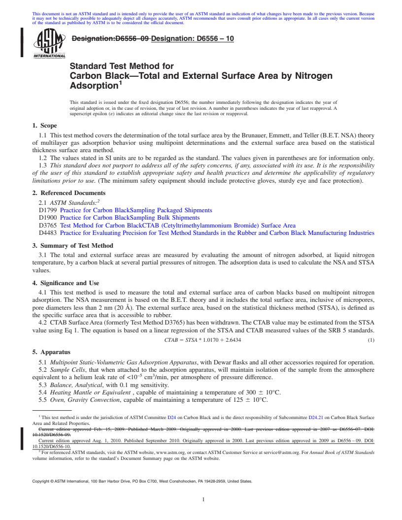 REDLINE ASTM D6556-10 - Standard Test Method for Carbon Black-Total and External Surface Area by Nitrogen Adsorption