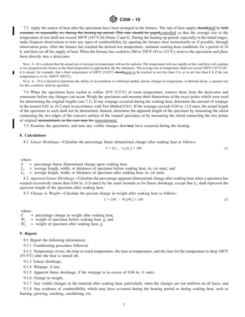 REDLINE ASTM C356-10 - Standard Test Method for Linear Shrinkage of Preformed High-Temperature Thermal Insulation Subjected to Soaking Heat