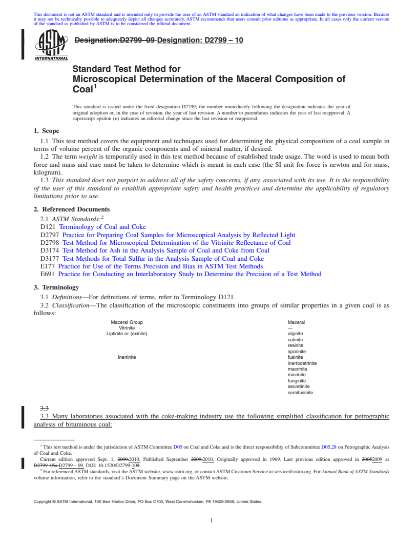 REDLINE ASTM D2799-10 - Standard Test Method for Microscopical Determination of the Maceral Composition of Coal