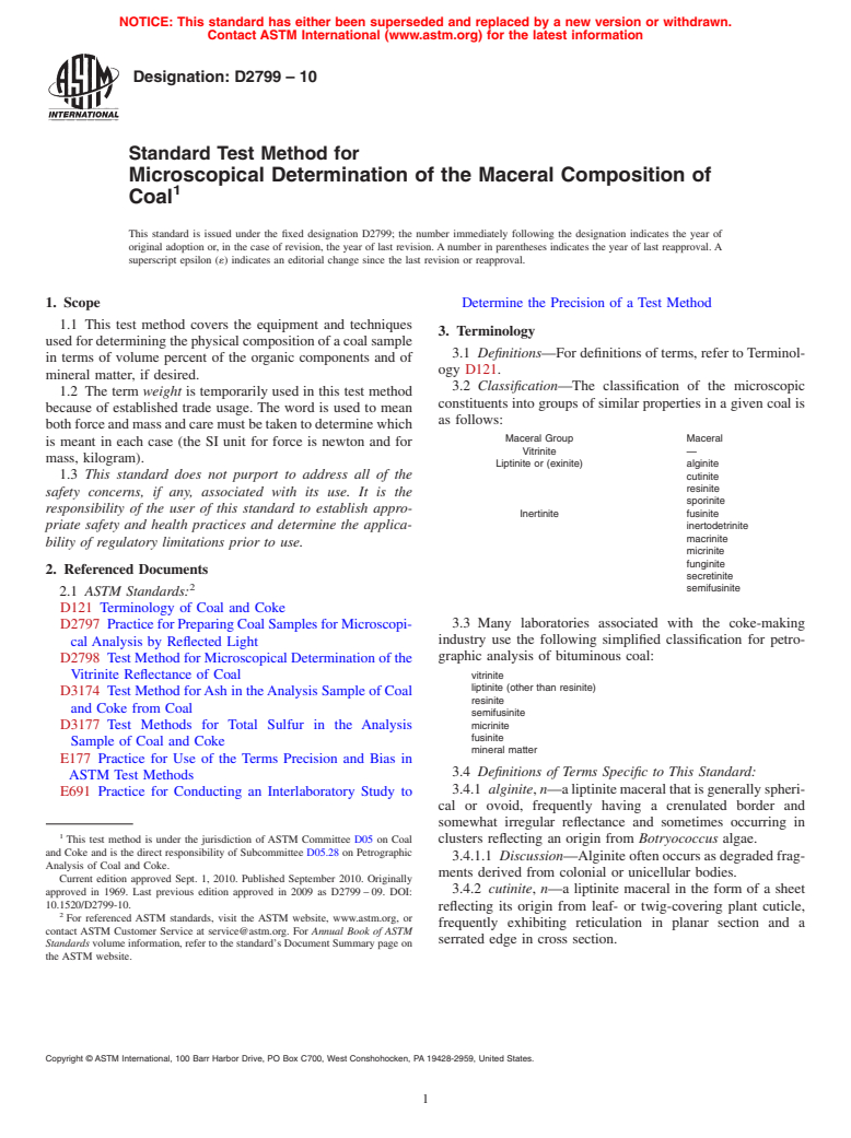 ASTM D2799-10 - Standard Test Method for Microscopical Determination of the Maceral Composition of Coal