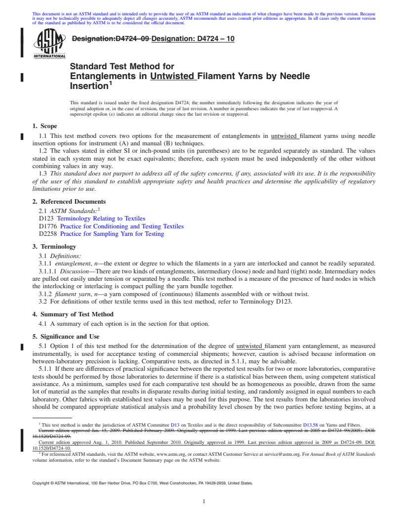 REDLINE ASTM D4724-10 - Standard Test Method for Entanglements in Untwisted Filament Yarns by Needle Insertion