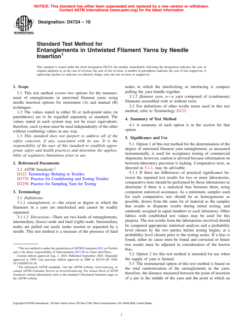 ASTM D4724-10 - Standard Test Method for Entanglements in Untwisted Filament Yarns by Needle Insertion