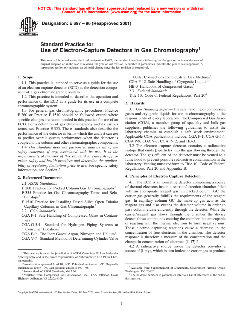 ASTM E697-96(2001) - Standard Practice for Use of Electron-Capture Detectors in Gas Chromatography