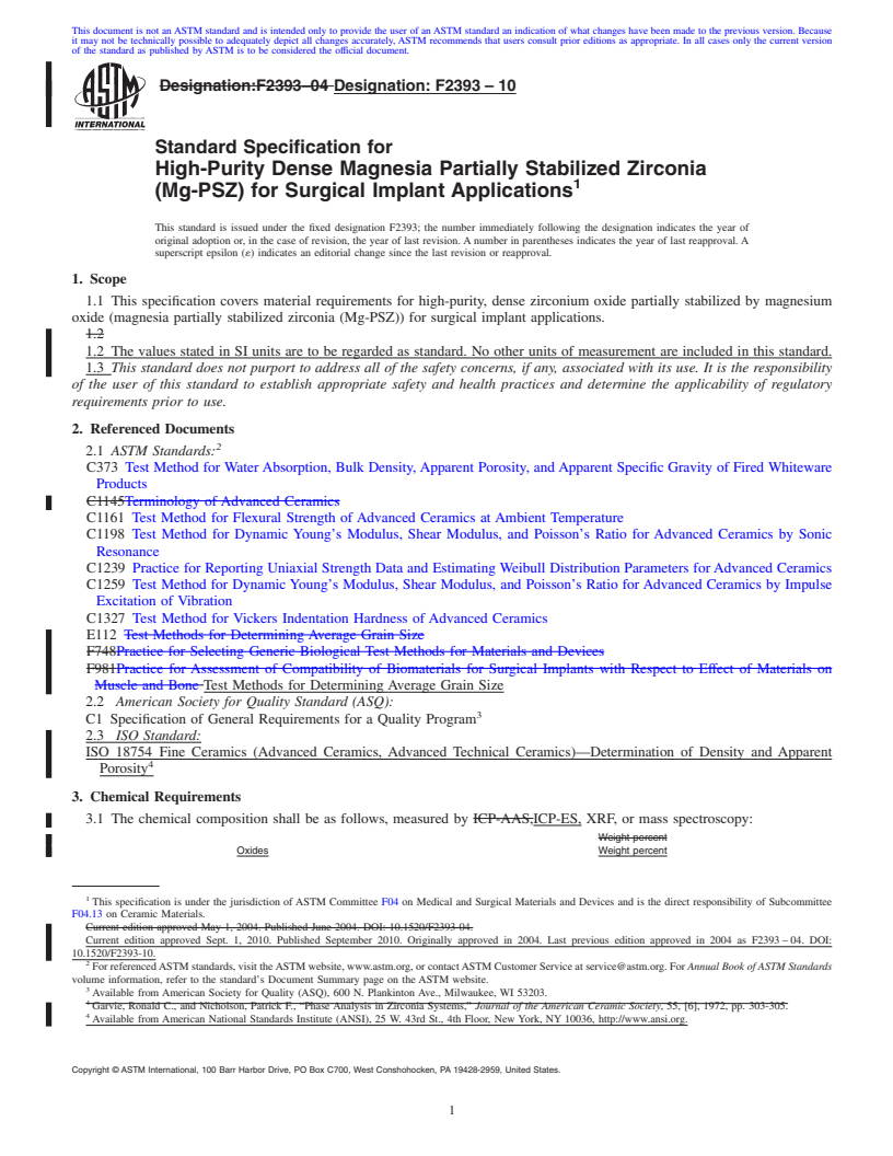 REDLINE ASTM F2393-10 - Standard Specification for High-Purity Dense Magnesia Partially Stabilized Zirconia (Mg-PSZ) for Surgical Implant Applications