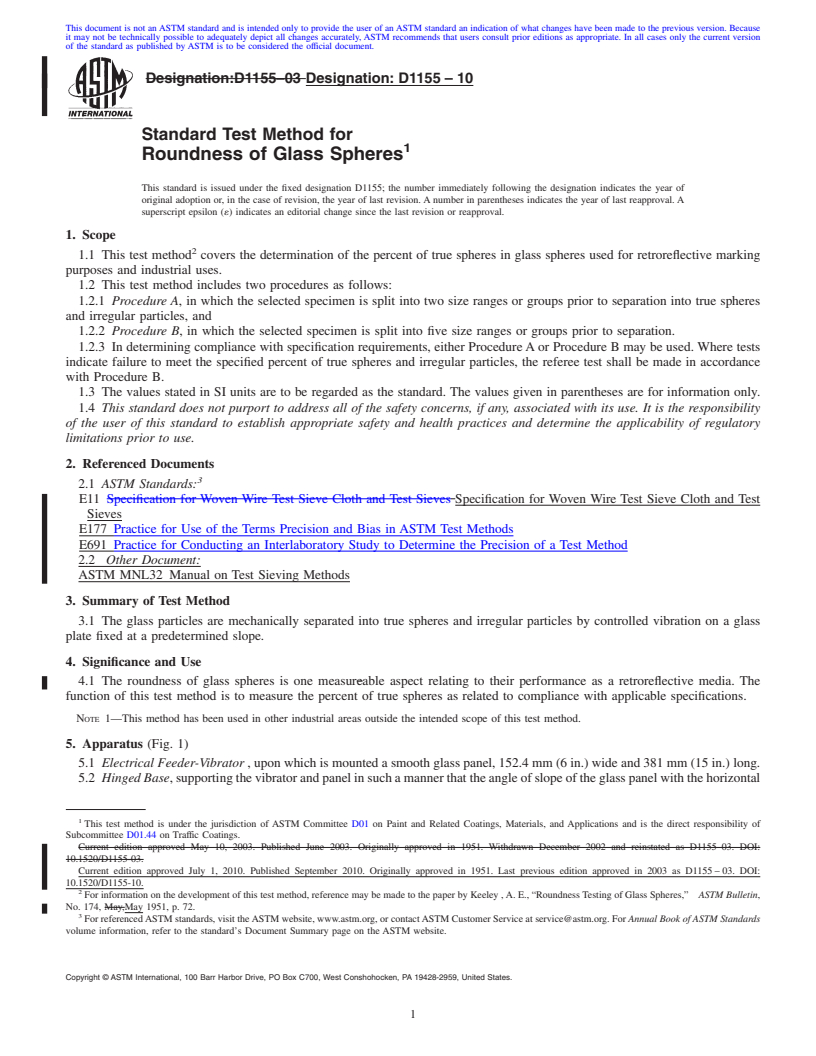 REDLINE ASTM D1155-10 - Standard Test Method for Roundness of Glass Spheres