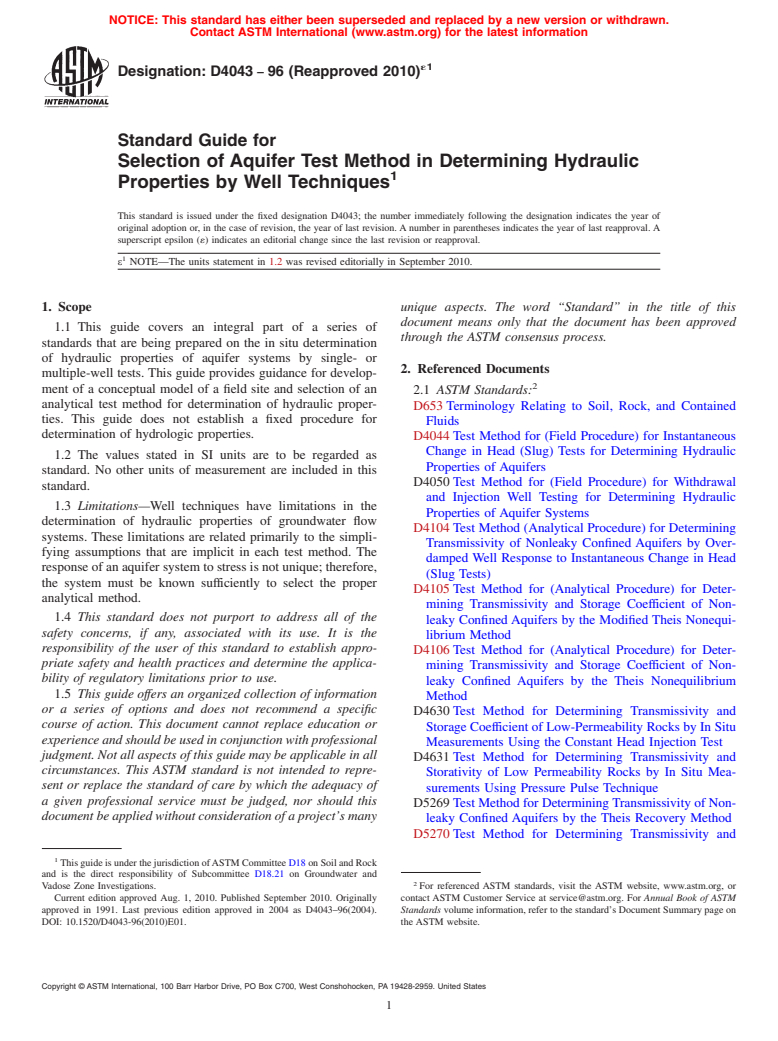 ASTM D4043-96(2010)e1 - Standard Guide for Selection of Aquifer Test Method in Determining Hydraulic Properties by Well Techniques