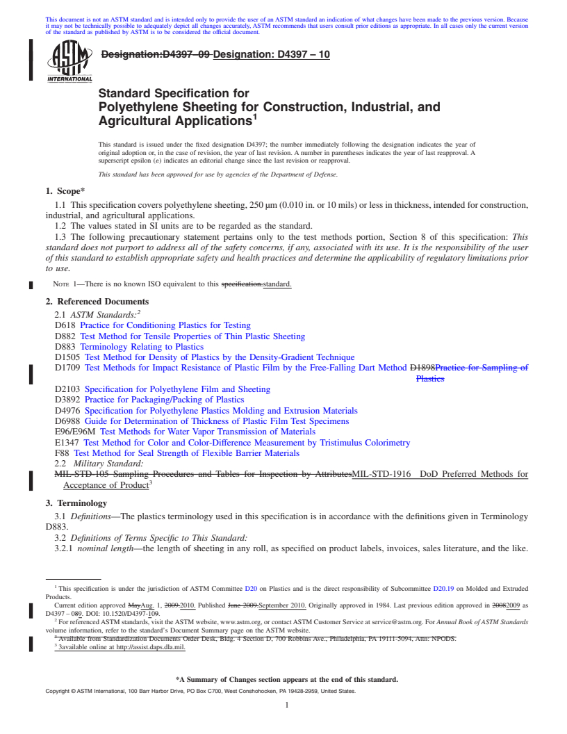 REDLINE ASTM D4397-10 - Standard Specification for Polyethylene Sheeting for Construction, Industrial, and Agricultural Applications