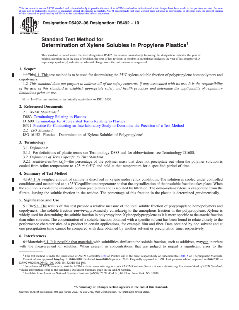 REDLINE ASTM D5492-10 - Standard Test Method for Determination of Xylene Solubles in Propylene Plastics