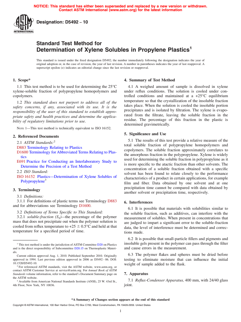 ASTM D5492-10 - Standard Test Method for Determination of Xylene Solubles in Propylene Plastics