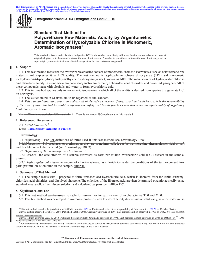 REDLINE ASTM D5523-10 - Standard Test Method for Polyurethane Raw Materials  Acidity by Argentometric Determination of Hydrolyzable Chlorine in Monomeric, Aromatic Isocyanates