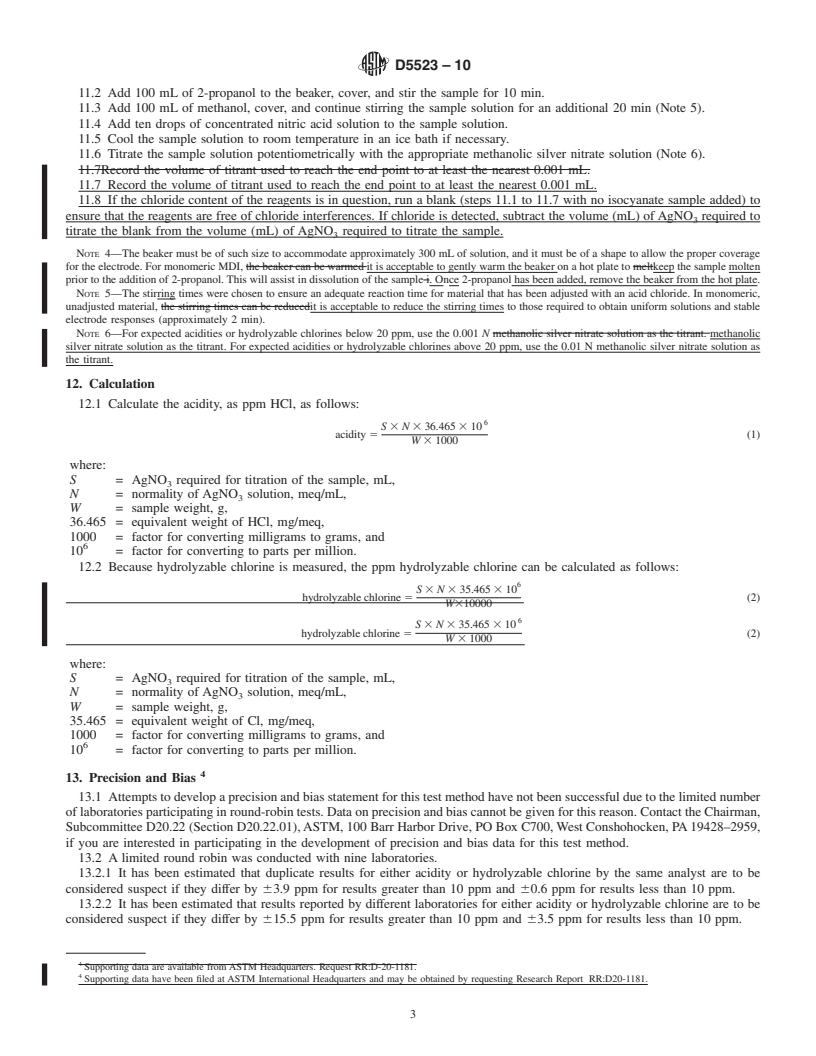 REDLINE ASTM D5523-10 - Standard Test Method for Polyurethane Raw Materials  Acidity by Argentometric Determination of Hydrolyzable Chlorine in Monomeric, Aromatic Isocyanates