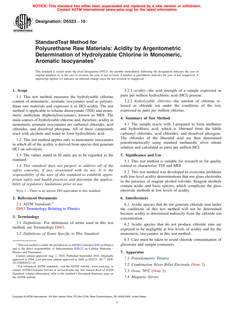 ASTM D5523-10 - Standard Test Method for Polyurethane Raw Materials  Acidity by Argentometric Determination of Hydrolyzable Chlorine in Monomeric, Aromatic Isocyanates