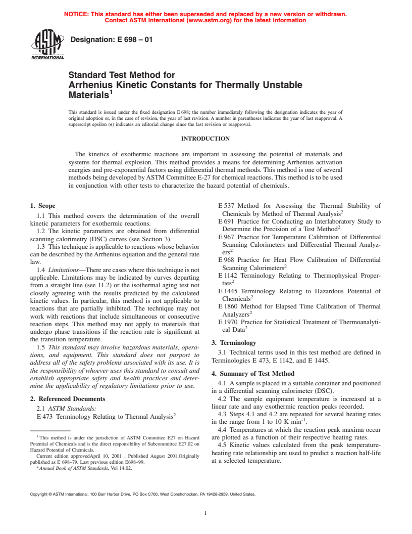 ASTM E698-01 - Standard Test Method for Arrhenius Kinetic Constants for Thermally Unstable Materials