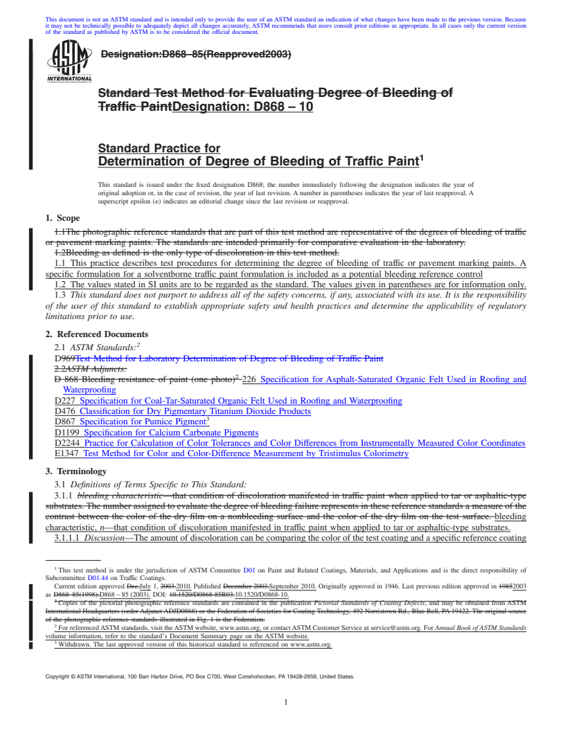 REDLINE ASTM D868-10 - Standard Practice for Determination of Degree of Bleeding of Traffic Paint