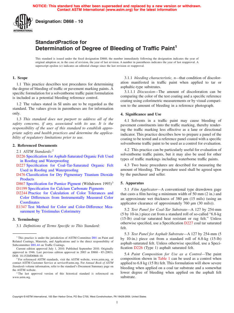 ASTM D868-10 - Standard Practice for Determination of Degree of Bleeding of Traffic Paint