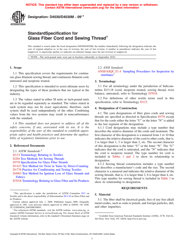 ASTM D4030/D4030M-09e1 - Standard Specification for Glass Fiber Cord and Sewing Thread