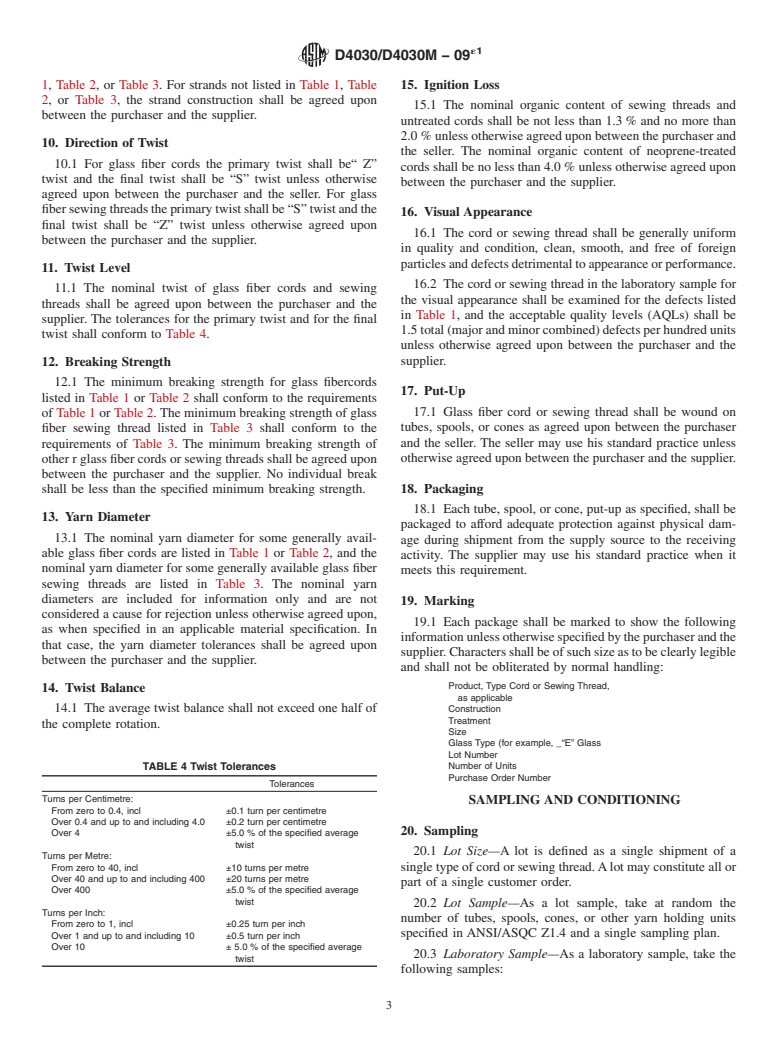 ASTM D4030/D4030M-09e1 - Standard Specification for Glass Fiber Cord and Sewing Thread