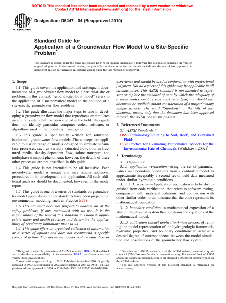 ASTM D5447-04(2010) - Standard Guide for Application of a Groundwater Flow Model to a Site-Specific Problem