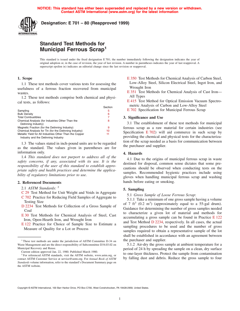 ASTM E701-80(1999) - Standard Test Methods for Municipal Ferrous Scrap