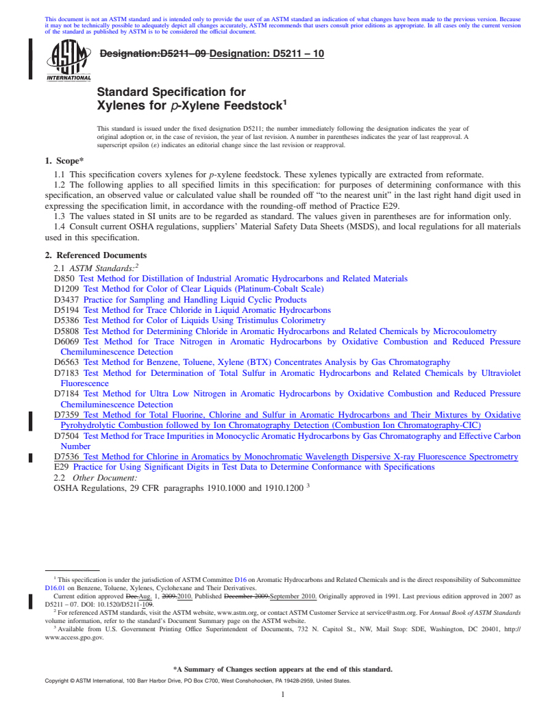 REDLINE ASTM D5211-10 - Standard Specification for Xylenes for <i>p</i>-Xylene Feedstock