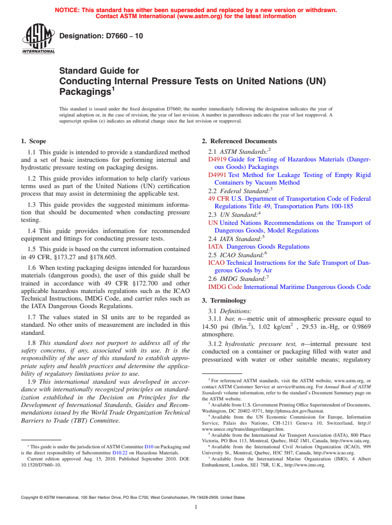 ASTM D7660-10 - Standard Guide for Conducting Internal Pressure Tests on United Nations (UN) Packagings