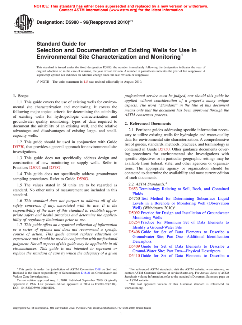 ASTM D5980-96(2010)e1 - Standard Guide for  Selection and Documentation of Existing Wells for Use in Environmental Site Characterization and Monitoring