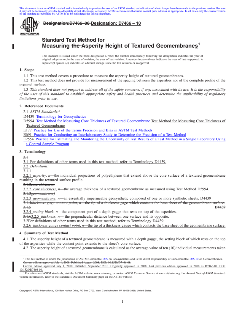 REDLINE ASTM D7466-10 - Standard Test Method for Measuring the Asperity Height of Textured Geomembrane