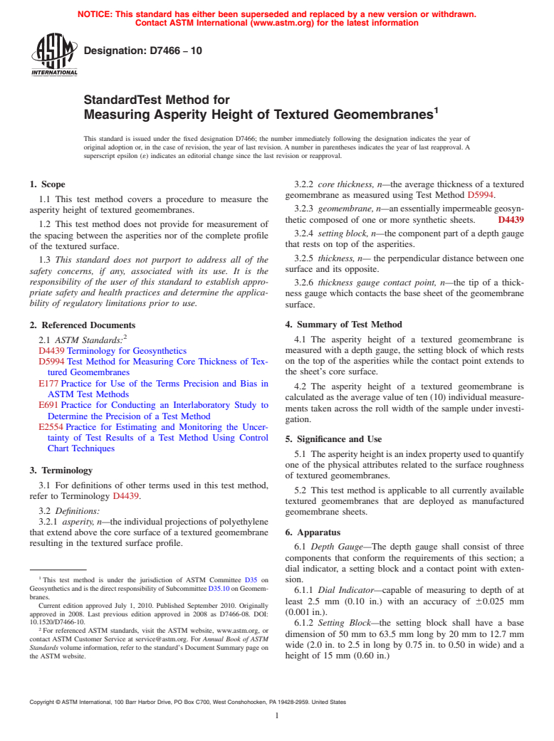 ASTM D7466-10 - Standard Test Method for Measuring the Asperity Height of Textured Geomembrane