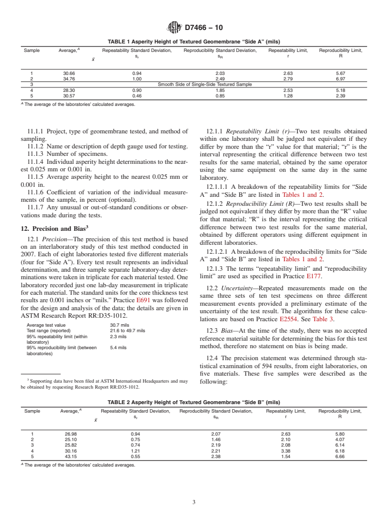 ASTM D7466-10 - Standard Test Method for Measuring the Asperity Height of Textured Geomembrane