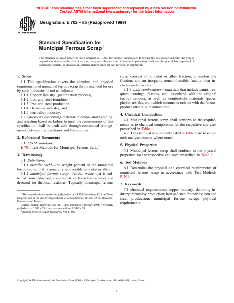 ASTM E702-85(1999) - Standard Specification for Municipal Ferrous Scrap