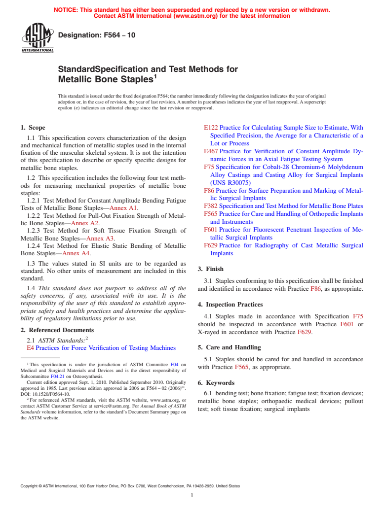 ASTM F564-10 - Standard Specification and Test Methods for  Metallic Bone Staples