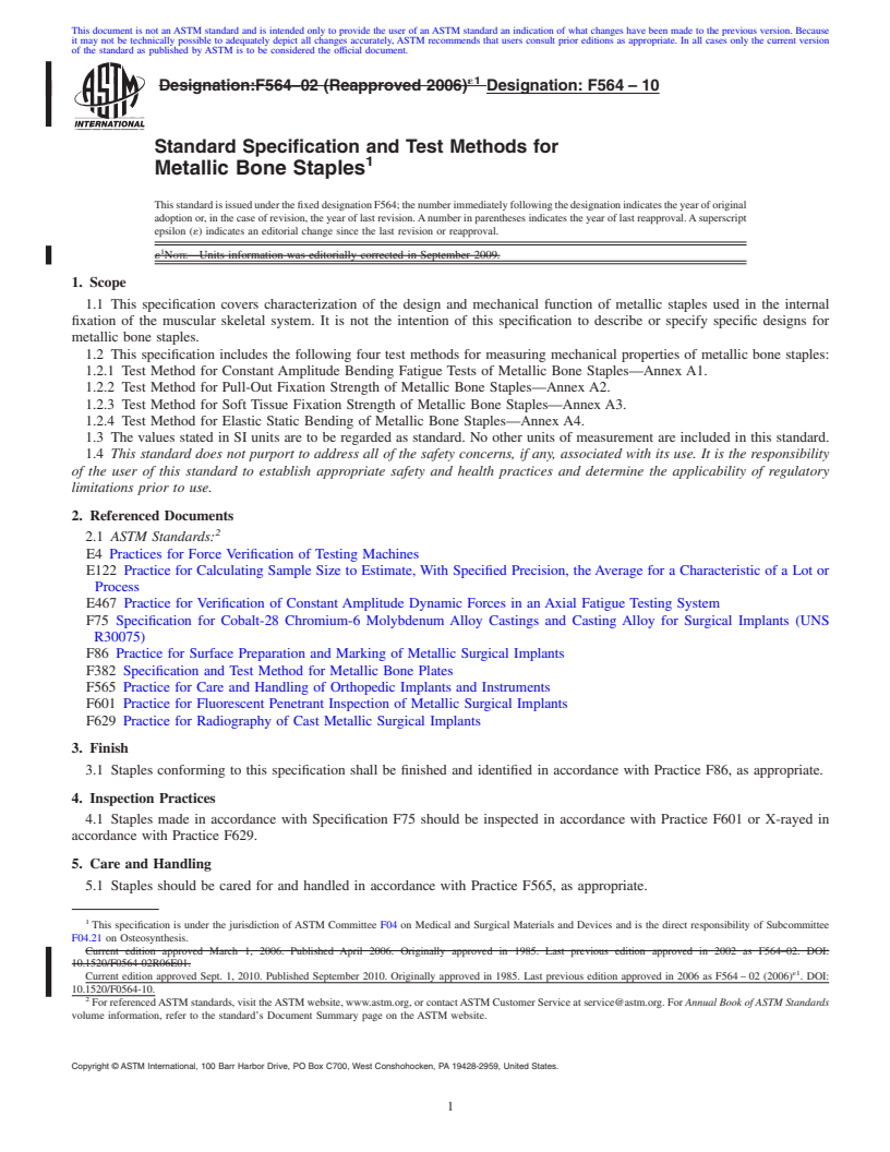 REDLINE ASTM F564-10 - Standard Specification and Test Methods for  Metallic Bone Staples