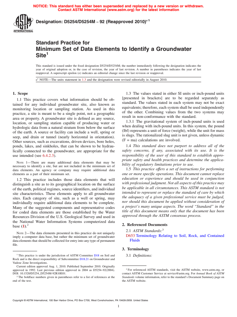 ASTM D5254/D5254M-92(2010)e1 - Standard Practice for Minimum Set of Data Elements to Identify a Groundwater Site (Withdrawn 2019)