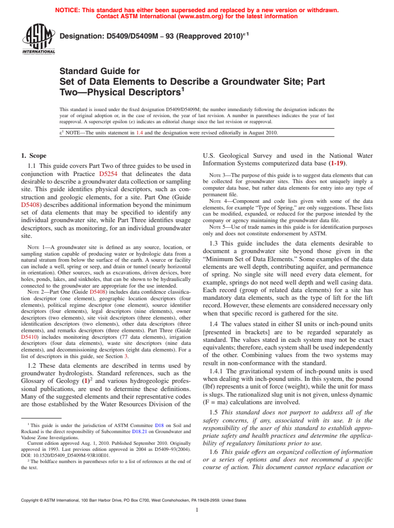 ASTM D5409/D5409M-93(2010)e1 - Standard Guide for Set of Data Elements to Describe a Groundwater Site; Part Two<char: emdash>Physical Descriptors (Withdrawn 2019)