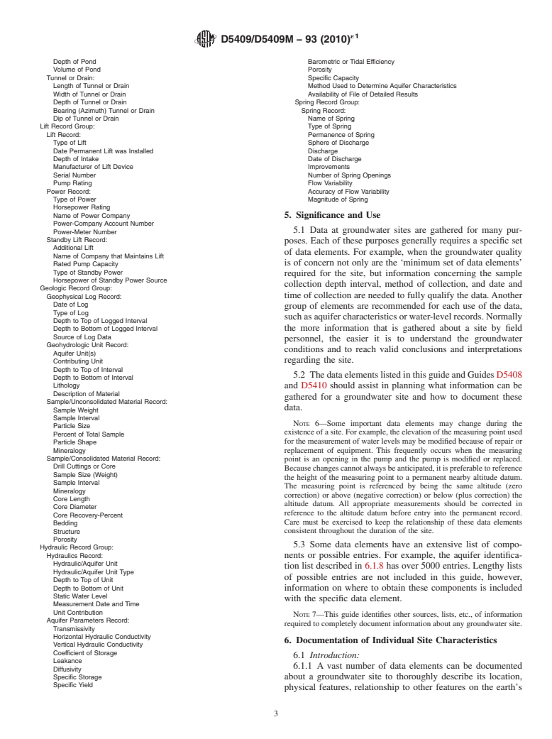 ASTM D5409/D5409M-93(2010)e1 - Standard Guide for Set of Data Elements to Describe a Groundwater Site; Part Two<char: emdash>Physical Descriptors (Withdrawn 2019)