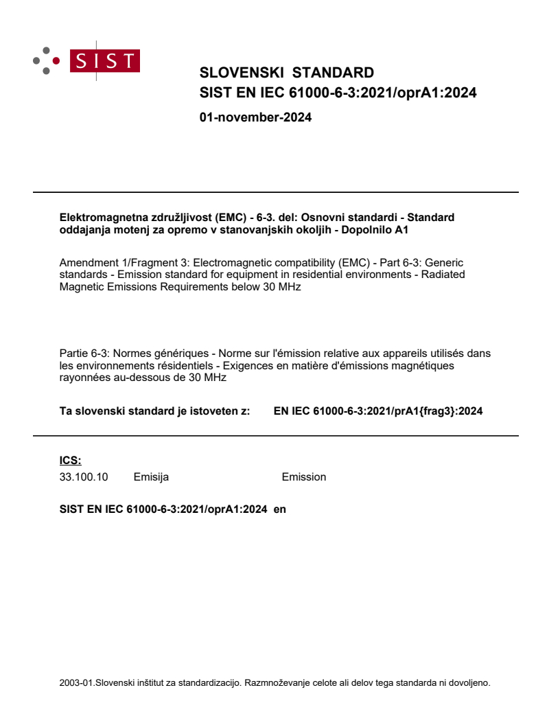 EN IEC 61000-6-3:2021/oprA1:2024 - BARVE