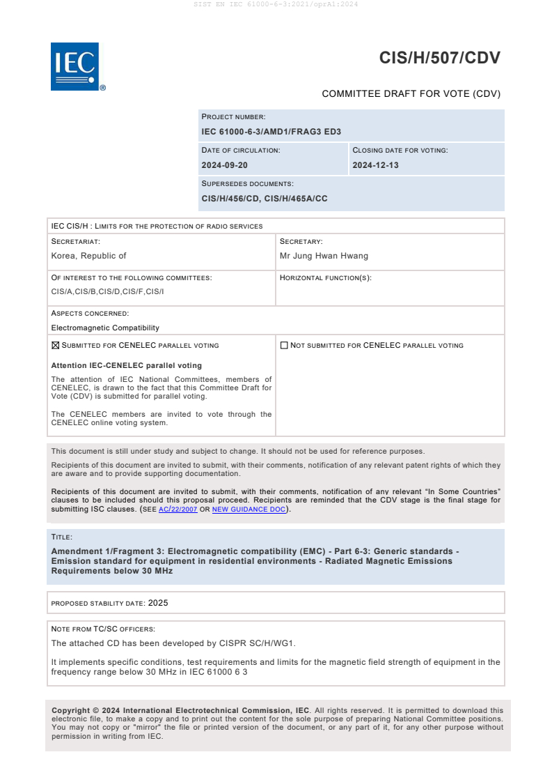 EN IEC 61000-6-3:2021/oprA1:2024 - BARVE