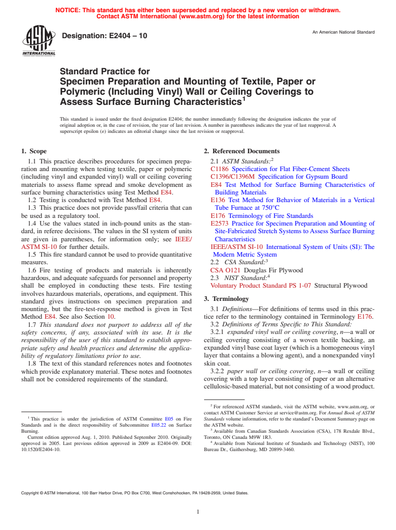 ASTM E2404-10 - Standard Practice for Specimen Preparation and Mounting of Textile, Paper or Vinyl Wall or Ceiling Coverings to Assess Surface Burning Characteristics