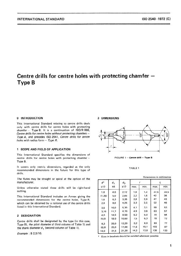 ISO 2540:1973 - Centre drills for centre holes with protecting chamfer -- Type B