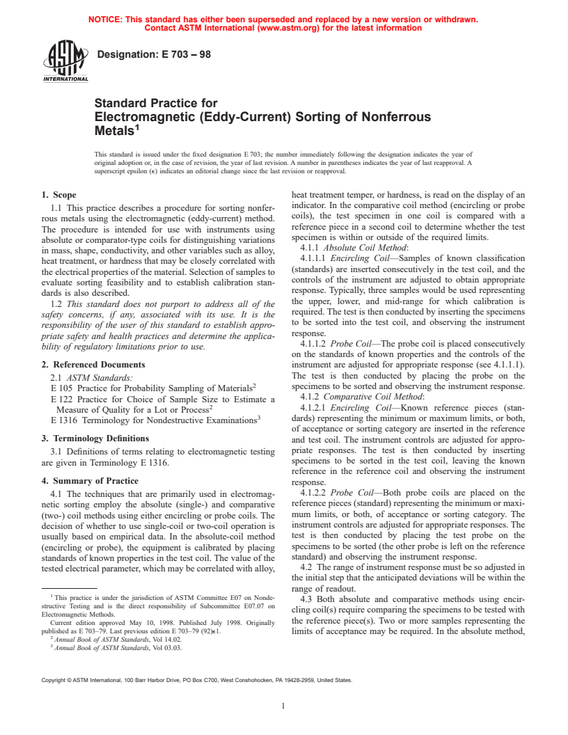 ASTM E703-98 - Standard Practice for Electromagnetic (Eddy-Current) Sorting of Nonferrous Metals