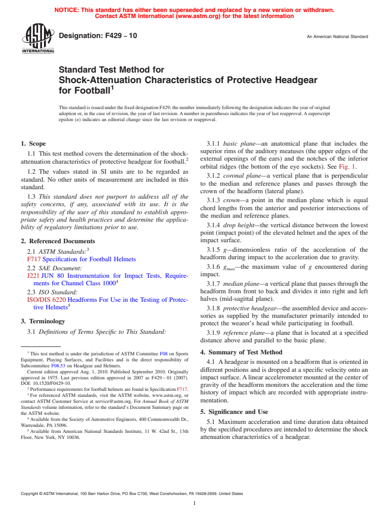 ASTM F429-10 - Standard Test Method for Shock-Attenuation Characteristics of Protective Headgear for Football (Withdrawn 2017)