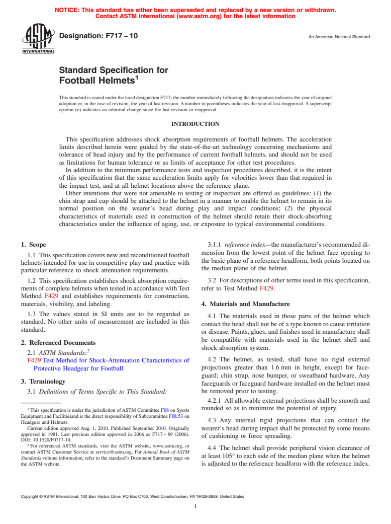 ASTM F717-10 - Standard Specification for Football Helmets (Withdrawn 2017)