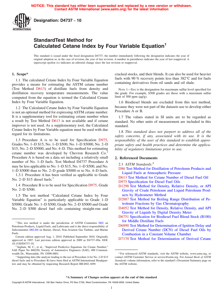 ASTM D4737-10 - Standard Test Method for Calculated Cetane Index by Four Variable Equation