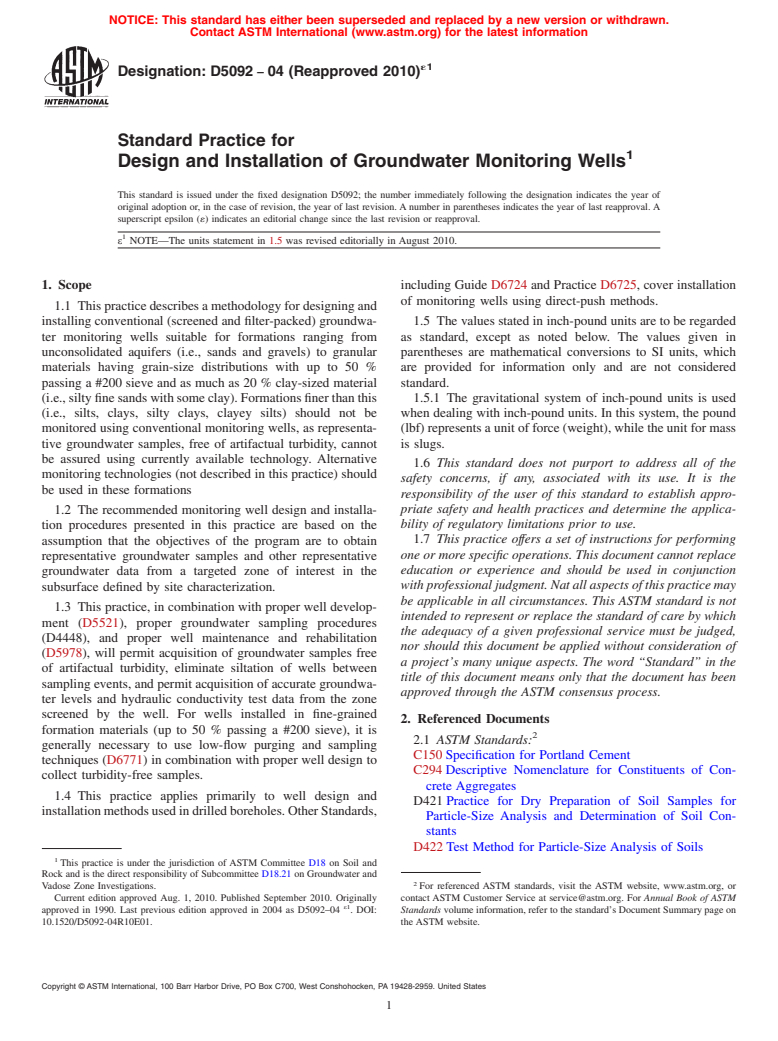 ASTM D5092-04(2010)e1 - Standard Practice for Design and Installation of Groundwater Monitoring Wells